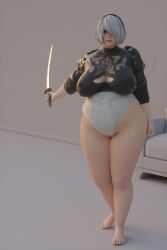 1girls 3d bbw belly big_belly big_breasts breasts chubby clothing fat female female_only hairband light-skinned_female light_skin nier nier:_automata overweight short_hair solo solo_female white_hair wisecatmiracle yorha_2b