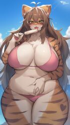 1girl 1girls adorable ahoge animal_ear_fluff animal_ears anthro anthro_female anthro_only artist_name artist_signature background_sky bangs big_breasts bikini bikini_bottom bikini_top black_nose blush blushing blushing_at_viewer breasts brown_body brown_hair catkey_(huhunya) chubby chubby_anthro chubby_female cleavage clothing clouds curvaceous curves curvy curvy_body curvy_female curvy_figure curvy_hips curvy_thighs cute cute_face cute_fangs detailed_background double_ahoge ear_tuft eating enormous_thighs facial_stripes fang fangs female female_anthro female_focus female_only fluffy fluffy_belly fluffy_chest food fur furry furry_female furry_only giant_breasts gigantic_breasts gigantic_thighs green_eyes hand_on_belly heart_marking heart_on_leg heart_on_thigh hips_wider_than_shoulders huge_breasts huge_thighs inner_ear_fluff large_breasts long_hair looking_at_viewer massive_breasts massive_thighs navel open_mouth pawpads pink_bikini pink_bikini_bottom pink_bikini_top pink_pawpads raised_eyebrows red_inner_ear sea seaside sky solo solo_female solo_focus striped striped_arms striped_body striped_cheeks striped_face striped_fur striped_legs striped_thighs stripes suurin_(ksyaro) swimsuit swimwear thick_thighs thighs touching_belly very_long_hair voluptuous water white_fur white_inner_ear_fluff wide_hips