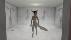 anthro blue_markings brown_fur brown_hair furry judgesyrus male male_focus nude nude_male pink_beans rexouium shower tail_motion vr_media walking