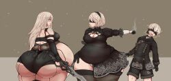 1boy 2girls ass bbw belly big_ass big_belly big_breasts blindfold breasts chubby clothing fat female hairband huge_ass huge_belly light-skinned_female light-skinned_male light_skin long_hair mac-nova male nier nier:_automata overweight overweight_female short_hair standing thick_thighs thighhighs white_hair yorha_2b yorha_9s yorha_a2