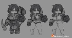 1girls breasts concept_art dwarf dwarf_female freckles gauntlets large_breasts leagues_of_votann midget monochrome nipples post-human pubic_hair pussy sgt_lonely shortstack squat_(40k) warhammer_(franchise) warhammer_40k