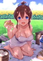 1girls aesthetic alternate_version_available arm_support bare_legs blue_eyes blue_sky blush bottle bow breasts brown_hair cai_geng cleavage dress female female_focus field flower food hair_between_eyes hairbow highres idolmaster idolmaster_million_live! large_breasts looking_at_viewer no_bra picnic ponytail pov sandwich satake_minako sfw_version shoes_removed sitting sleeveless sleeveless_dress solo strap_slip summer sunflower white_dress yokozuwari