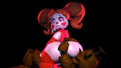 1boy 1girls 3d 69 animatronic ass baby_(fnafsl) bear circus_baby circus_baby_(fnaf) clothed_sex facesitting five_nights_at_freddy's five_nights_at_freddy's:_sister_location fredbear_(fnaf) heart-shaped_pupils licking_pussy sex sexbot_circus_baby