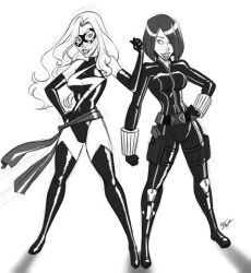 2018 2girls aeolus06 athletic athletic_female avengers big_breasts black_widow_(marvel) blonde blonde_female bodysuit breasts busty carol_danvers curvy female female_only fit fit_female hips holster hourglass_figure huge_breasts human human_only large_breasts legs light-skinned_female light_skin lips marvel marvel_comics monochrome ms._marvel ms._marvel_(carol_danvers) natasha_romanoff red_hair short_hair sketch skin_tight source spy superheroine thigh_holster thighs tight_clothing voluptuous wide_hips