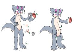 anthro belly belly_expansion blush cursor dragon embarrassed expansion genitals grey_body hi_res horn kemono male male_focus male_only null nullification paw_growth pawpads penis pink_sclera sa_no shrinking size_transformation solo transformation white_belly