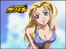 1girls artist_request bikini bikini_top blonde_hair blue_eyes cleavage female female_only fully_clothed history's_strongest_disciple_kenichi miu_furinji solo swimsuit