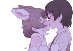 1boy animal_ear_fluff animal_ears arm_grab arms_grab bangs bare_shoulders bow braid brown_hair captain_(kemono_friends) captain_(kemono_friends_3) closed_eyes clothes_grab collared_shirt couple dhole_(kemono_friends) dog_girl duo extra_ears eyebrows_visible_through_hair eyelashes female french_braid furrowed_eyebrows gloves grabbing half-closed_eyes happy height_difference high_resolution holding_another's_arm holding_arm holding_close in_profile inumimi kemono_friends kemono_friends_3 kissing looking_at_another male masuyama_ryou medium_hair multicolored_hair passionate shirt shirt_grab short_hair sidelocks simple_background sleeveless sleeveless_shirt straight sweat sweatdrop tearing_up tied_hair upper_body white_background wholesome