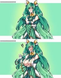 1girls absurd_res big_breasts breast_expansion cleavage edit embarrassed glasses green_eyes green_hair large_filesize league_of_legends long_hair no_bra outgrowing_clothes ryuukusnpaiarts simple_background sona_buvelle star_guardian_series star_guardian_sona twintails