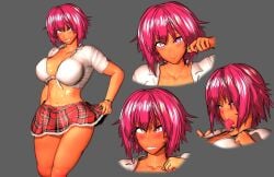 1girls 3d ass big_ass breasts character_sheet clenched_teeth dark-skinned_female drooling embarrassed gyaru large_breasts midriff mipoz nipples original pink_eyes pink_hair plaid_skirt school_uniform short_hair skirt smile tan tan_skin tied_shirt tongue tongue_out