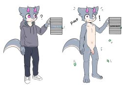 anthro belly bodily_fluids cursor disappearing_clothes dragon flaccid genitals grey_body hi_res horn imminent_transformation kemono male male_focus male_only navel nude penis sa_no solo surprise sweat sweatdrop sweatshirt white_belly