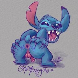 2018 4_fingers alien anthro anus ass backsack balls biped blue_body blue_claws blue_eyes blue_fur blue_nose claws disney ear_markings experiment_(lilo_and_stitch) facial_markings finger_claws fingers flaccid fur genitals grey_background hawaiian_text head_markings head_tuft humanoid_genitalia humanoid_penis kris_masterson lilo_and_stitch looking_at_viewer looking_back looking_back_at_viewer male male_only markings open_mouth open_smile penis pink_balls pink_penis presenting presenting_hindquarters signature simple_background small_tail smile solo spread_anus spreading stitch stitch_(lilo_and_stitch) text toe_claws tuft