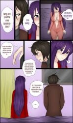 ... 1boy 1female 1girls 1male anon apologizing apology breasts brown_eyes brown_hair brown_jacket brown_text comic comic_page doki_doki_literature_club english_text genkun gnyrkd hard_nipples jacket long_hair motion_lines panel purple_eyes purple_hair purple_text red_robe robe serious speaking talking talking_to_another text text_bubble yuri_(doki_doki_literature_club)