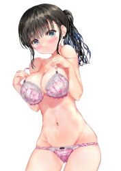 black_hair blue_eyes blush bra braid breasts cleavage embarrassed female female highres large_breasts long_hair looking_at_viewer navel ogata_tei original panties pink_bra pink_panties simple_background solo standing underwear white_background