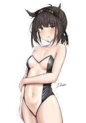 arm_around_waist arm_at_side bangs bare_arms bare_shoulders black_hairband blush breasts brown_eyes brown_hair bunnysuit cleavage closed_mouth collarbone condom condom_in_mouth condom_wrapper covered_navel cowboy_shot driftkingtw embarrassed female frown hair_flaps hairband hatsuzuki_(kantai_collection) kantai_collection leotard looking_at_viewer medium_breasts mouth_hold navel pussy see-through see-through_clothing see-through_leotard short_hair short_ponytail signature simple_background solo strapless strapless_leotard sweat swimsuit transparent_bunnysuit white_background