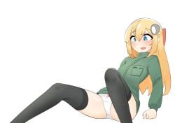 black_legwear blonde_hair blue_eyes blush daebom embarrassed flat_chest panties simple_background sitting sweatdrop t-34 t-34-57 t-34-57(old) t34_(daebom) t34_family thighhighs war_thunder