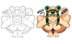 ambiguous_penetration areolae caramel_shotgun crouching green_eyes green_hair hat heart mostly_nude my_hero_academia nipples sex_toy shiny_skin simple_background tagme text tsuyu_asui ttothep_arts white_background