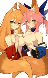 2girls absurdres animal_ear_fluff animal_ears blue_collar blue_ribbon breast_press collar fate/grand_order fate/grand_order_arcade fate_(series) fox_ears fox_girl fox_tail ghost_(tama) hair_ribbon highres japanese_clothes miko multiple_girls orange_eyes orange_hair pink_eyes pink_hair red_collar ribbon suzuka_gozen_(fate) suzuka_gozen_(santa)_(fate) symmetrical_docking tail tamamo_no_mae_(fate)