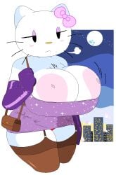 1girls anthro bag big_areola big_breasts big_nipples breasts breasts_out busty city clothing domestic_cat dream-cassette dress emotionless faceless_male feline female female_only garter_straps gloves hello_kitty hello_kitty_(character) hello_kitty_(series) hoshime huge_areolae huge_breasts huge_nipples kitty_white large_breasts looking_at_viewer mob_face moon night night_sky nipple_slip nipples sanrio shortstack solo thick_thighs thighhighs upskirt wide_hips