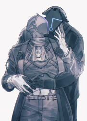 2boys bondrewd caress from_behind fully_clothed gay gueira hand_holding hand_on_another's_stomach helmet ingen_ab intimate made_in_abyss male male_only mask masked masked_male scars shirt_lift yaoi