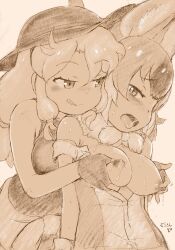 2girls :p animal_ears areolae bangs bare_shoulders bedroom_eyes beige_background blush bow breast_fondling breast_grab breast_groping breasts breasts_out_of_clothes calenda_(kemono_friends) clothes_around_waist curly_hair dhole_(kemono_friends) duo extra_ears eyebrows_visible_through_hair female female_only female_pervert fingerless_gloves from_behind fur_collar furrowed_eyebrows gloves grabbed_from_behind grabbing groping half-closed_eyes hat hat_feather high_resolution kemono_friends kemono_friends_3 licking_lips long_hair looking_at_another looking_back looking_pleasured masuyama_ryou medium_breasts medium_hair monochrome multiple_girls nipple_pull nipple_tweak nipples open_clothes open_mouth partially_unzipped sidelocks standing sweat tank_top tongue tongue_out unzipped yuri zipper