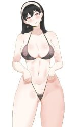 black_hair blush cleavage earrings hairband large_breasts licking_lips long_hair looking_at_viewer pubic_hair red_eyes spy_x_family thong voidmakerz yor_briar