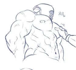 bidou big_pecs groping helmet low-angle_view made_in_abyss male male_focus male_only mask masked masked_male monochrome muscular muscular_male my_primals pec_grab pec_grasp pecs pectoral_grab scars sketch solo_focus topless topless_male