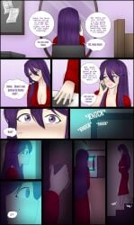 call calling chair comic comic_page doki_doki_literature_club genkun gnyrkd knocking knocking_on_door long_hair looking_out_window panel phone purple_eyes purple_hair purple_text red_robe robe talking talking_on_phone text text_bubble thought_bubble white_text yuri_(doki_doki_literature_club)