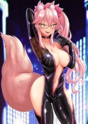 absurdres animal_ear_fluff animal_ears arms_behind_back black_bodysuit blush bodysuit breasts center_opening choker city_lights clothing_cutout collarbone covered_erect_nipples fate/grand_order fate_(series) female fox_ears fox_girl fox_tail glasses heart highres koyanskaya_(assassin) koyanskaya_(assassin_first_ascension) koyanskaya_(fate) large_breasts navel navel_cutout night outdoors pink_hair pucci-la-pucci tail tongue