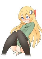 blonde_hair blue_eyes blush covering_crotch covering_pussy daebom flat_chest hiding_pussy no_panties no_pants simple_background t-34-57 t-34-57(old) t34 t34_(daebom) t34_family thighhighs war_thunder