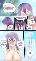 1female 1girls bathroom_wall blush closed_eyes comic comic_page doki_doki_literature_club embarrassed flustered genkun gnyrkd long_hair naked nude purple_eyes purple_hair purple_text shower shower_head text text_bubble thought_bubble yuri_(doki_doki_literature_club)