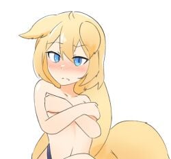 2_tails animal_ears animal_tail blonde blonde_female blonde_hair blue_eyes blush covering_breasts daebom embarrassed fangs flushed fox_ears fox_girl fox_tail kemonomimi kitsune multi_tail no_bra no_shirt one_fang panties sea_vixen_(daebom) simple_background small_breasts tail vixen war_thunder