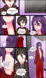 !! 1boy 1female 1girls 1male anon brown_hair brown_text collarbone comic comic_page doki_doki_literature_club english_text genkun gnyrkd long_hair looking_at_partner panel purple_eyes purple_hair red_robe robe suprised suprised_eyes suprised_look text undressing yuri_(doki_doki_literature_club)