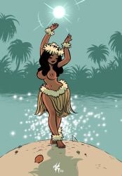 beach black_hair black_lipstick female flower_anklet flower_bracelet flower_crown grass grass_skirt hula hula_dancer hula_girl hula_skirt katputze moon national_personification night_sky oc ocean original_character palm_tree sea_shells shadow signature solo sparkles topless