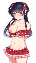 :/ arm_behind_back bangs bare_shoulders bikini bikini_pull bikini_skirt black_choker black_hair blunt_bangs blush bow breasts brown_eyes choker cleavage closed_mouth clothes_pull collarbone commentary_request female frilled_bikini frills groin hairbow hand_up heart heart_choker heart_print highres idolmaster idolmaster_shiny_colors large_breasts long_hair looking_at_viewer mayuzumi_fuyuko navel nipples nose_blush off-shoulder_bikini off_shoulder okibari_yasu one_breast_out print_bikini print_bow pulled_by_self raised_eyebrows red_bikini red_bow short_sleeves sidelocks simple_background solo standing stomach swimsuit two_side_up white_background