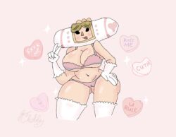 alien blonde_hair bra clobby crown curvy female gloves half-dressed huge_ass huge_breasts katamari_damacy lingerie mature_female milf panties partially_clothed peace_sign pubic_hair queen queen_of_all_cosmos royalty text thighhighs underwear