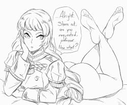 1girls ass bangs barefoot big_ass braid breasts byleth_(fire_emblem) byleth_(fire_emblem)_(male) dialogue dragon_blanche english_text feet female female_only fire_emblem fire_emblem:_three_houses foot_fetish foot_focus footjob garreg_mach_monastery_uniform ingrid_brandl_galatea long_hair looking_back medium_breasts nintendo text the_pose