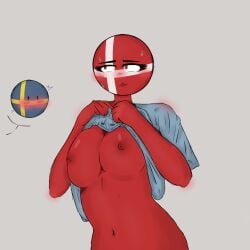 1girls 1other big_breasts blue_shirt blush countryhumans countryhumans_girl denmark_(countryhumans) red_eyes red_skin sweden_(countryhumans) xx.canada.xx