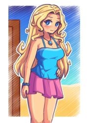 1girls blonde_hair blue_eyes blush blushing_at_viewer female female_only haley_(stardew_valley) light-skinned_female long_hair looking_at_viewer no_nose pink_skirt smile smiling smiling_at_viewer solo solo_female stardew_valley zetta_(artist)