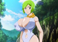 1girls alternate_breast_size big_breasts bleach breasts brown_eyes clothed clothed_female female female_only green_hair greengiant2012 huge_breasts kuna_mashiro nipple_bulge solo swimsuit