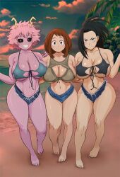 2022 3girls bikini black_eyes black_hair black_sclera breasts brown_eyes brown_hair denim denim_clothing denim_panties denim_shorts female female_only hips huge_breasts jean_shorts krabby_(artist) large_breasts light-skinned_female light_skin long_hair mina_ashido momo_yaoyorozu multiple_girls my_hero_academia ochako_uraraka outdoors pink_hair pink_skin ponytail short_shorts slim_waist thick_thighs thighs wide_hips yellow_eyes