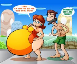 belly big_belly big_breasts breasts brown_hair female female_focus huge_belly hyper_belly hyper_pregnancy ilikapie luigi mario_(series) mario_and_sonic_at_the_olympic_games nintendo one-piece_swimsuit pregnant princess_daisy super_mario_bros. swimsuit wholesome