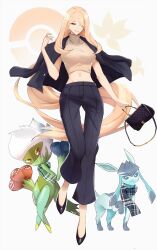 black_high_heels black_scarf blonde_female blonde_hair business_casual business_woman ceo crop_top cynthia_(pokemon) earrings glaceon green_scarf hair_over_one_eye high_heels holding_purse jacket long_hair midriff necklace nintendo office_lady pearl_necklace pokemon purse roserade scarf the_kingduke tommietomm