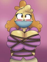 animal_crossing anthro anthro_only arms_behind_back blush bondage bound bound_breasts breast_press breast_squish breasts canid canine canis domestic_dog eyelashes female frefer9 furry furry_only isabelle_(animal_crossing) nintendo orange_eyes rope solo solo_female solo_focus suspended suspension tied tied_breasts tied_up video_game_character video_games yellow_fur