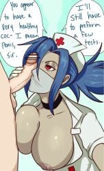 1boy 1girls english_text gloves handjob mask masked masked_female nurse s0_underrated skullgirls text valentine_(skullgirls)