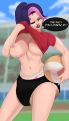 1girls big_breasts breasts character_request copyright_request diaper diaper_under_clothing female messy_diaper milkriot nipples scat soiling sweat two_tone_hair volleyball