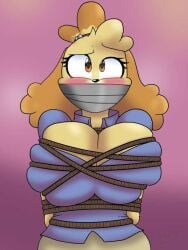 animal_crossing anthro anthro_only arms_behind_back blush bondage bound bound_breasts breast_press breast_squish breasts canid canine canis domestic_dog eyelashes female frefer9 furry furry_only isabelle_(animal_crossing) nintendo orange_eyes rope solo solo_female solo_focus suspended suspension tied tied_breasts tied_up video_game_character video_games yellow_fur