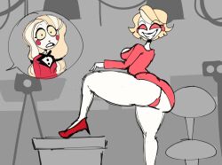 2girls ass big_ass blonde_hair charlie_morningstar_(hazbin_hotel) clothing demon demon_girl female female_only hazbin_hotel katie_killjoy leg_up looking_at_viewer looking_back panties red_eyes smile straight_hair thedomely thick_thighs