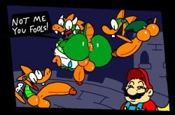 anthro anus ass balls big_balls big_butt big_penis bowser dialogue genitals group human koopa_clown_car looking_at_viewer machine male male_only mammal mario mario_(series) mechakoopa monster nintendo penis puffy_anus robot super_mario_world superiorfox video_games