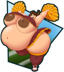 1girls areolae armpits bbw belly belly_overhang big_belly big_breasts breasts brewheardt brown_hair cheerleader female female_focus green_eyes helen_(brewheardt) huge_belly huge_breasts nipples overweight overweight_female pregnant short_hair solo solo_female solo_focus