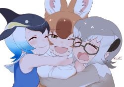 3girls animal_ears black_hair blonde_hair blowhole blue_dress blue_hair brown_eyes brown_hair close-up closed_eyes crying dhole_(kemono_friends) dog_girl dorsal_fin dress extra_ears eyebrows_visible_through_hair female girl_sandwich gradient_hair grey_hair high_resolution hug inumimi kemono_friends kemono_friends_3 light_brown_hair masuyama_ryou meerkat_(kemono_friends) meerkat_ears megane multicolored_hair multiple_girls one_eye_closed sailor_collar sandwiched short-beaked_common_dolphin_(kemono_friends) short_hair sleeveless smile tears upper_body white_hair